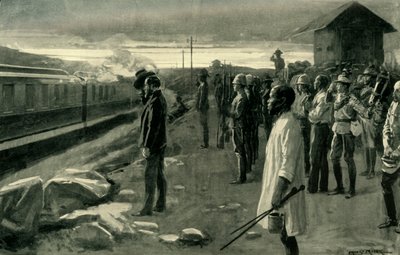 "القطار الذي ينقل رفات السيد رودس الذي رحب به حراس البلوك هاوس" ، 1902. بواسطة إرنست براتر