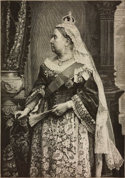 جلالة الملكة فيكتوريا في الاحتفال بالذكرى الخمسين لتتويجها ، نقش من قبل إرنستو مانكاستروببا من صورة والري ، من L