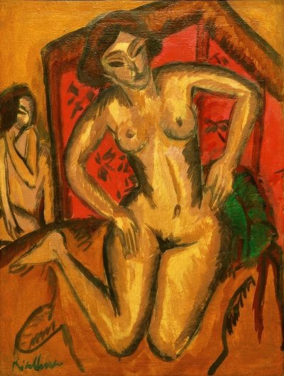 فتاة راكعة عارية أمام شاشة حمراء بواسطة إرنست لودفيج كيرشنر
