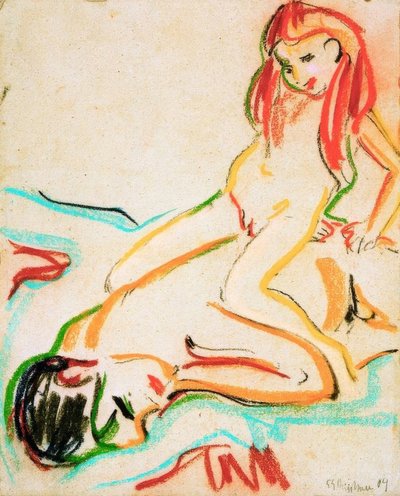 يرقد رجل عاريا مع طفل على ظهره بواسطة Ernst Ludwig Kirchner