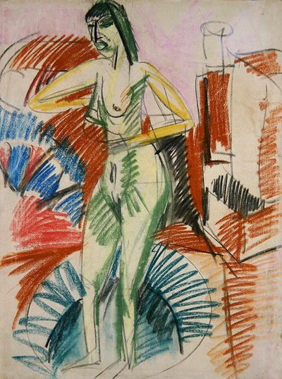 تقف أنثى عارية ، في حوض بواسطة Ernst Ludwig Kirchner