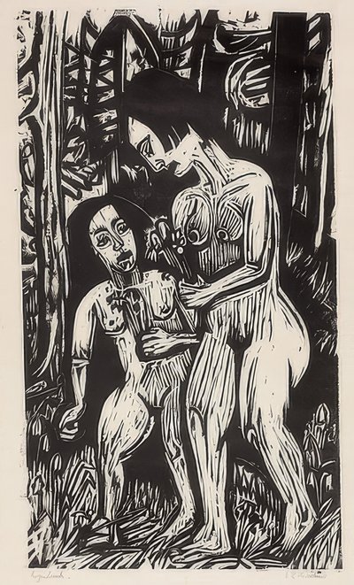 فتاتان عاريتان مع الزهور في الغابة. 1923 بواسطة Ernst Ludwig Kirchner