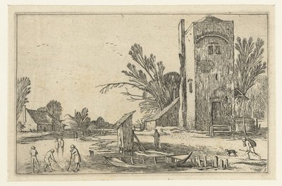 برج مربع بجوار نهر مجمد مع لاعبين كولف مستلق المناظر الطبيعية (عنوان المسلسل) بواسطة Esaias van de Velde