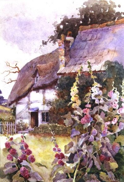 Hollyhocks خارج كوخ من القش (ألوان مائية) بواسطة إثيل ديفيز