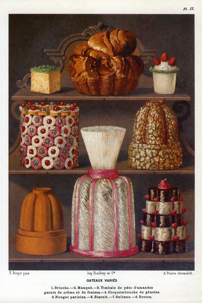 Cakes vary: brioche, lack, timpani of almond paste topped with cream and strawberries, croquenbouche de genoise, Parisian nougat, biscuit, sultane, Breton - Plate No. 2 from the Patisserie Book by Jules Gouffe, officer de bouche du Jockey-Club de Paris (ch بواسطة إتيان (بعد) رونجات