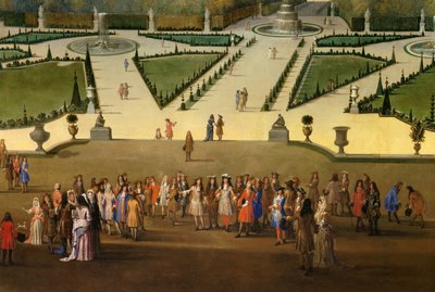 Promenade de Louis XIV (1638-1715) في إطلالة على الرواق الشمالي في حدائق فرساي. التفاصيل. اللوحة التي رسمها إتيان أليجرين (1644-1736) 1688 حوالي الشمس. 2،3x2،9 م بواسطة إتيان أليجرين