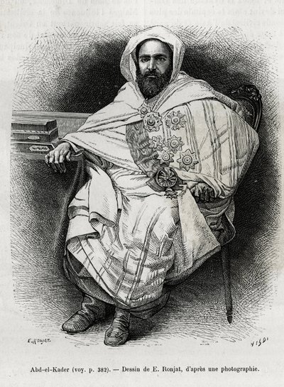 صورة لعبد القادر (1808-1883) أمير جزائري وسلطان ورجل دين صوفي وسياسي ومقاومة عسكرية للجيش الاستعماري الفرنسي ، وهو أيضًا كاتب وشاعر وفيلسوف. نقش إي رونجت لتوضيح قصة La Syria d