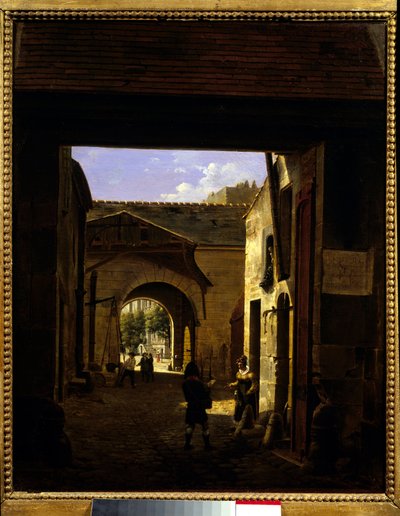 ساحة فناء منزل القيادة في شارع Saint Denis المعروف باسم ساحة Sainte Catherine Scene في الدائرة الأولى في باريس. رسم إيتيان بوهوت (1780-1862) 1832 صن. 0،27x0،22 م باريس ، متحف كارنافالي. بواسطة إتيان بوحوت