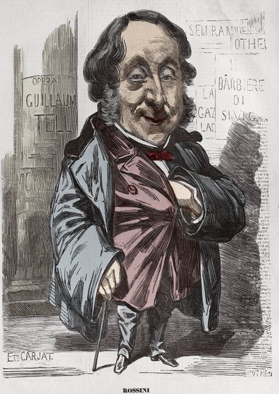 صورة لجيوشينو (جيوشينو) روسيني (1792-1868) ، رسم كاريكاتوري من قبل إتيان كارجات - إتيان كارجات (1928-1906) ، بورتريه شحنة روسيني لـ Diogene ، بعد Nadar ، 21 ديسمبر 1856 التلوين الرقمي بواسطة إتيان كارات