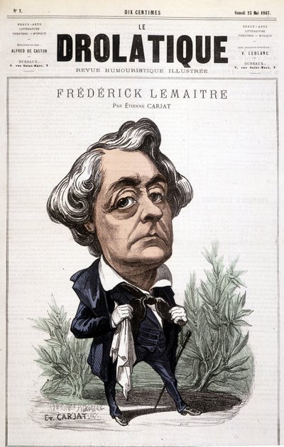 The Drolatic ، Fréderick Lemaitre (1800/1876) ، الممثل الشهير لأدواره الدرامية ، بالقرب من فيكتور هوغو. كاريكاتير لك يا كارجات. بواسطة إتيان كارات