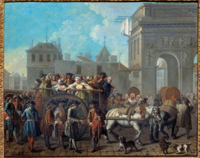 سلوك فتيات الفرح في Salpetriere ، عبور بوابات Saint Bernard مستشفى Salpetriere الحالي كان في الأصل سجنًا ودارًا للنساء. لوحة لإتيان جورات (1699-1789) 1757 خافت. 0،65 × 0،82 م باريس ، متحف السيارات بواسطة إتيان جورات