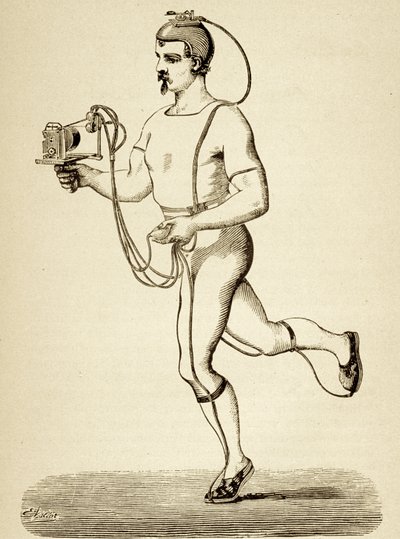 قدم العداء مع الجهاز المقصود لتسجيل خطواته المختلفة ، من Popular Science Monthly ، pub.1875 بواسطة إتيان جول ماري