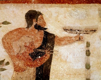 رجل ملتح يقدم فنجانًا ، بالقرب منه موسيقي (تفاصيل من الجص ، 530 قبل الميلاد) بواسطة إتروسكان
