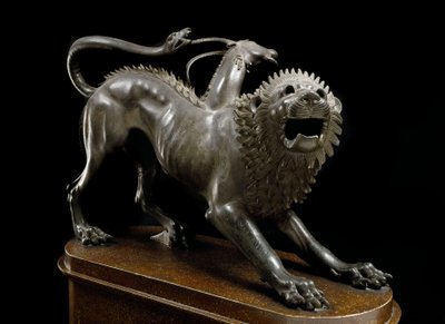 الفن الأتروسكي: Chimere d'Arezzo مباركة من قبل Bellerophon (Chimera ferita بواسطة Bellerofonte) - نحت برونزي ، 400-350 قبل الميلاد - متحف فلورنسا الأثري - وهم أريتسو - منحوتة برونزية إتروسكية (ارتفاع 65 سم) ، 400-350 قبل الميلاد - فلورنسا ، Museo Arche بواسطة إتروسكان