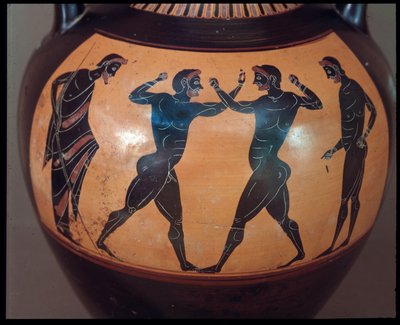 الحضارة الأترورية: Terracotta amphora decoree d "une scene de pugilat ، التفاصيل 550-500 قبل الميلاد من قبر المحارب في Vulci ، إيطاليا بواسطة إتروسكان