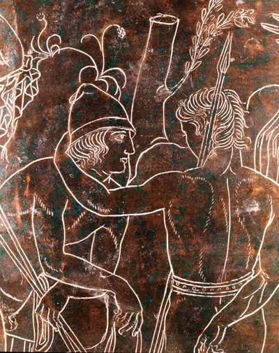 الفن الأتروسكي: تفاصيل البرونز Ficoroni Cistus الذي يمثل أسطورة Argonauts. من برينيست (باليسترينا). 340 ق. المتحف الوطني لفيلا جوليا ، روما بواسطة إتروسكان