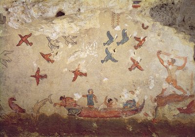 صيادون في قارب وطيور تطير ، من مقبرة الصيد والصيد ، c.520-510 قبل الميلاد (لوحة جدارية) بواسطة إتروسكان