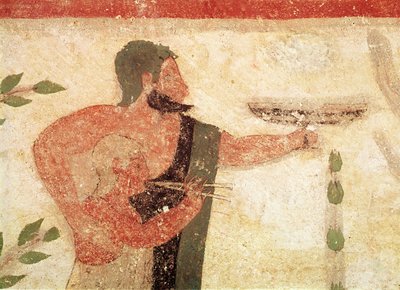 رأس لرجل وطفل يعزف على الفلوت المزدوج ، من مقبرة البارون ، c.500 قبل الميلاد تفاصيل لوحة الحائط 407470 بواسطة Etruscan