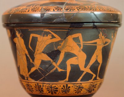 Pyxis مع الرياضيين في صالة الألعاب الرياضية. فخار أحمر الشكل ، من سيرفيتري (لاتسيو). الحضارة الأترورية ، القرن الرابع قبل الميلاد. بواسطة إتروسكان