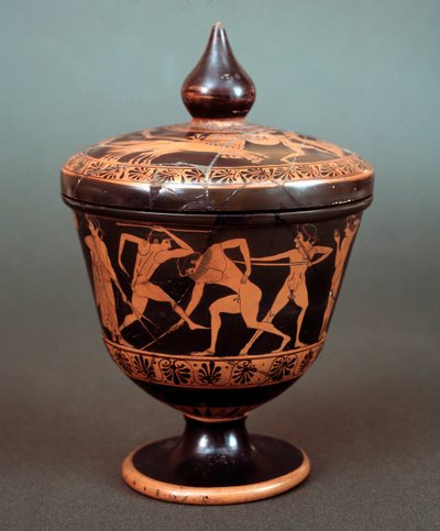 Pyxis مع تمثيل مشهد palaestra ، الطين ، 520-500 قبل الميلاد بواسطة إتروسكان