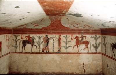 Two horsemen, a woman and a bearded man presenting a cup (Detail of fresco, 530 BC) بواسطة إتروسكان