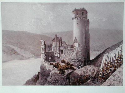 Schloss Ehrenfels في وادي الراين ، حوالي 1863 (لون ليثو) بواسطة يوجين (بعد) Ciceri