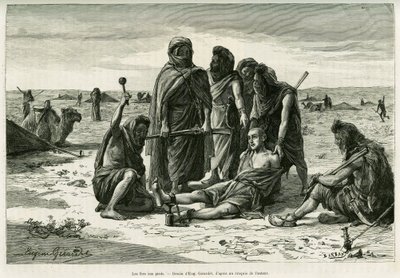 سوف تستمر على القدمين. نقش يوجين جيرارديت ، لتوضيح قصة Cinq mois chez les moures nomades du Sahara occidental ، في عام 1887 ، بواسطة كاميل دولز ، في le tour du monde 1888 ، تحت إشراف Edouard Charton (1807-1890) ، Hachette ، باريس. بواسطة يوجين الكسيس جيرارديت