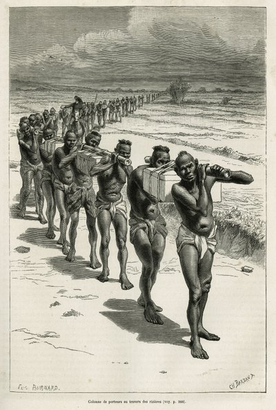 عمود من حاملي الأرز عبر حقول الأرز ، بين باساك وهيو ، محفور بعد رسم يوجين بيرناند ، لتوضيح قصة لاوس والمجموعات البرية في الهند الصينية ، للدكتور هارماند ، في عام 1877 ، نُشر في جولة العالم ، تحت المباشر بواسطة يوجين بورنان