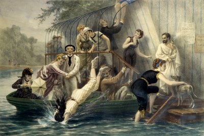 آه! الرأس الجميل ، يوم أحد بجانب الماء. امرأة تغوص بملابس السباحة في الماء في القرن التاسع عشر تحت ضحك البحارة. امرأة في قارب تحمي نفسها بمظلتها من الخدوش. نقش يوجين جيرارد (1821-1866). العلاقات العامة بواسطة يوجين تشارلز فرانسوا جيرارد