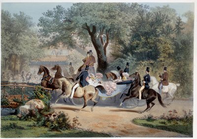 Scene de promenade au Pre Catelan (Pre-Catelan) في Paris مطبوعات حجرية بواسطة Eugene Guerard (1821-1866) من القرن التاسع عشر في باريس ، متحف Carnavalet بواسطة يوجين تشارلز فرانسوا جيرارد