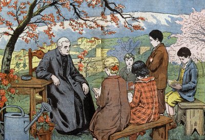 كاهن وشباب المستقبل الذين سيأخذون القربان ، في حديقة ، رسم بواسطة Damblans من الورق "Le Pelerin" في 17 مايو بواسطة يوجين دامبلانز