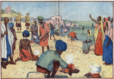 أسبوع العصيان المدني في الهند ضد الإمبراطورية البريطانية: على شاطئ بومباي ، يغلي غاندي (1869-1948) وأنصاره مياه البحر للحصول على الملح في انتهاك لقانون غابيل. تشجعهن النساء بترديد هذه الجوقة: "اكسري ، اكسري قانون الملح ، بواسطة يوجين دامبلانز