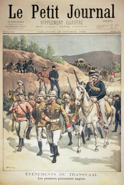 الأحداث في ترانسفال: أول السجناء الإنجليز ، الغلاف الأمامي لـ Le Petit Journal ، 29 أكتوبر 1899 بواسطة يوجين دامبلانز