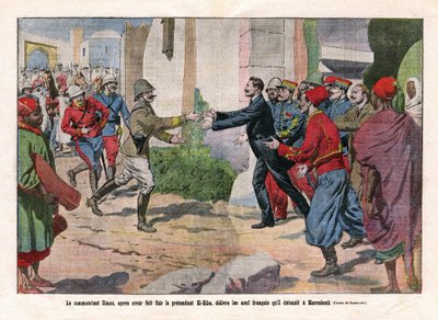 أحداث المغرب ، التي استولت عليها قوات هوبرت (لويس هوبير غونزالفي) ليوتي (1854-1934) وتشارلز مانجين (1866-1925) من مراكش. أفرج القائد سيمون ، بعد أن هرب من المدعي الهبة (الهبة) (أحمد الهبة) ، عن التسعة. بواسطة يوجين دامبلانز