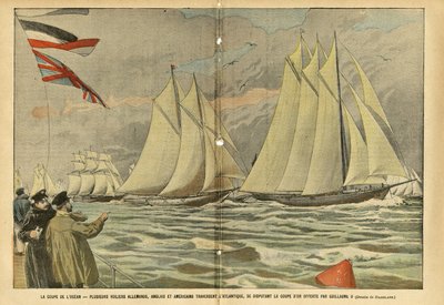 رسم توضيحي لـ Eugene Damblans (1865-1945) في Le Pelerin ، 04/06/05 - La coupe de l'ocean. تعبر العديد من المراكب الشراعية الألمانية والإنجليزية والأمريكية المحيط الأطلسي ، وتتنافس على الكأس الذهبية التي قدمها ويليام الثاني - ألمانيا بروسيا ، الرياضة ،  بواسطة يوجين دامبلانز