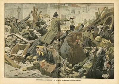 رسم إيوجين دامبلانس (1865-1945) في لو بيليرين ، 05/02/05 - L'emeute à Saint-Petersburg. النضال على المتاريس - روسيا ، جثث ميتة ، حواجز ، ثورات تجري ، سانت بطرسبرغ ، ثورة 1905 - عامل عامل بواسطة يوجين دامبلانز