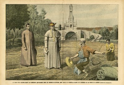رسم توضيحي لـ Eugene Damblans (1865-1945) في Le Pelerin ، 20/08/05 - قام الأب الأقدس بمسيرته اليومية في حدائق الفاتيكان ، بالقرب من الكنيسة التي أقيمت على شرف السيدة العذراء في لورد - الإيمان الديني الزراعة ، الفاتيكان ، الكاثوليكية بواسطة يوجين دامبلانز