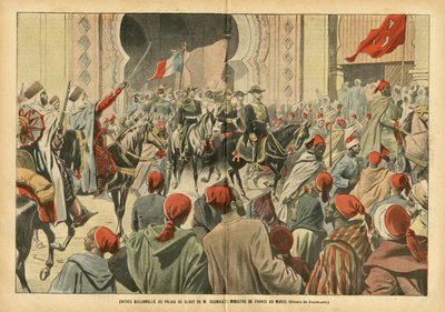 رسم توضيحي لـ Eugene Damblans (1865-1945) في Le Pelerin ، 20/10/07 - الدخول الرسمي إلى قصر الرباط من قبل السيد ريغنولت ، وزير فرنسا في المغرب - مستعمرات الاستعمار الاستعماري ، الهندسة المعمارية الحضرية ، المغرب ، زيارة رسمية - ريغنولت يوجي بواسطة يوجين دامبلانز