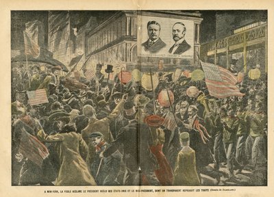 رسم توضيحي لـ Eugene Damblans (1865-1945) في Le Pelerin ، 20/11/04 - في نيويورك ، يهتف الحشد لرئيس الولايات المتحدة المعاد انتخابه ونائب الرئيس ، الذي يعيد إنتاج الملامح بشفافية - أمريكا الولايات المتحدة ، الانتخابات ، الهندسة المعمارية أورباني بواسطة يوجين دامبلانز