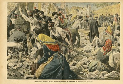 رسم توضيحي لـ Eugene Damblans (1865-1945) في Le Pelerin ، 24/09/05 - يزور ملك إيطاليا قرى كالابريا التي مزقتها الزلزال - حقائق متنوعة ، إيطاليا ، العمارة العمرانية ، المباني المدمرة ، الكوارث الطبيعية ، الزلزال ، كالابريا - بواسطة يوجين دامبلانز