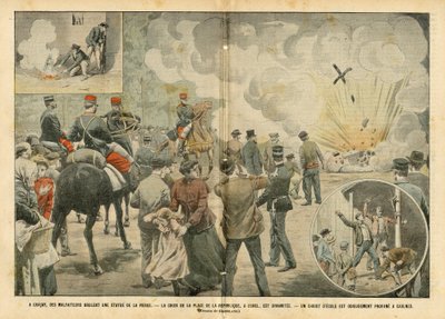 رسم توضيحي لـ Eugene Damblans (1865-1945) في Le Pelerin ، 25/09/04 - في Gracay ، يحرق المجرمون تمثالًا للعذراء - قشرة Place de la Republique هي ديناميت ، ومسيح المدرسة دنس بشكل بغيض في Caulnes - Anticlericalism، Religion Fait بواسطة يوجين دامبلانز