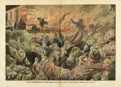 رسم توضيحي لـ Eugene Damblans (1865-1945) في Le Pelerin ، 26/01/08 - أثناء عرض صانع أفلام في الولايات المتحدة ، قُتل مئات الضحايا في حريق - أمريكا الولايات المتحدة الأمريكية ، حقائق متنوعة ، سينما ، حشد ، إطلاق النار بواسطة يوجين دامبلانز