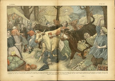 رسم توضيحي لـ Eugene Damblans (1865-1945) في Le Pelerin ، 28/03/37 - معرض Lezay السنوي الكبير بالقرب من Niort - حقائق متنوعة ، اقتصاد ، حشد ، متاجر ، زراعة ، بقوليات - بقرة ، لحم بقر ، كاميلوت بائع متجول بواسطة يوجين دامبلانز