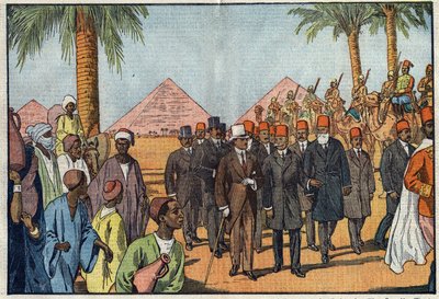 الملك أمان الله ملك أفغانستان (1892-1960) يزور أهرامات مصر ، برفقة حراسة من المهاريين. القاهرة، مصر. رسم توضيحي لـ Damblans. في "" Le Pelerin "بتاريخ 22 كانون الثاني (يناير) بواسطة يوجين دامبلانز