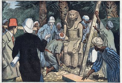 تكتشف البعثة الأثرية الفرنسية تمثالًا لمراهق سيزوستريس الثالث سيُحضر إلى متحف اللوفر. مدامود ، طيبة القديمة ، مصر. رسم توضيحي لـ Damblans. في "" Le Pelerin "بتاريخ 22 تشرين الثاني (نوفمبر) بواسطة يوجين دامبلانز