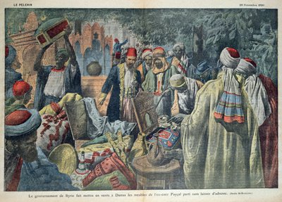 بيع الحكومة السورية لبضائع الأمير فيصل (1883-1923) في دمشق ، صورة من مجلة "لو بيليرين" ، 20 تشرين الثاني 1920 بواسطة يوجين دامبلانز