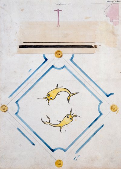 زخارف لبلاط الحمام ، Chateau d'Eu ، بواسطة Eugene Emmanuel Viollet-Le-Duc (1814-1879) ، رسم بالألوان المائية بواسطة يوجين إيمانويل فيوليت لو دوك