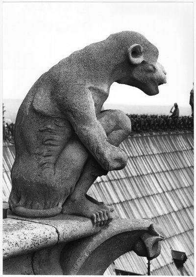 Monkey gargoyle ، من درابزين Grande Galerie للواجهة الغربية ، نسخة طبق الأصل من القرن الثاني عشر (حجر) (صورة بالأبيض والأسود) بواسطة يوجين إيمانويل فيوليت لو دوك