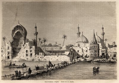 جسر قارب في بغداد رسمه يوجين فلاندين (1809-1876) لتوضيح رحلته إلى بلاد ما بين النهرين في 1840-1842. نقش في "" Le Tour du monde "" 1861. مجموعة سيلفا. بواسطة يوجين فلاندين
