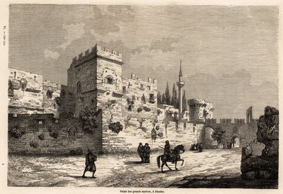 قصر الأساتذة العظماء في رودس ، رسمه يوجين فلاندين ، لتوضيح رحلته إلى جزيرة رودس في عام 1844. نقش في "" Le tour du monde "، تحرير إدوارد شارتون بواسطة يوجين فلاندين